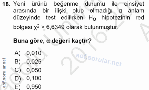 18. soru: Yeni ürünü beğenme durumu ile cinsiyet arasında bir ilişki olup olmadığı a anlam düzeyinde test edilirken Ho hipotezi…