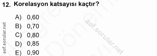 12. soru: Korelasyon katsayısı kaçtır? A) 0,60 B) 0,70 C) 0,80 D) ) 0,85 E) 0,90