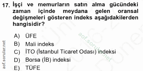 17. soru: İşçi ve memurların satın alma gücündeki zaman içinde meydana gelen oransal değişmeleri gösteren indeks aşağıdakilerde…