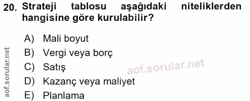 20. soru: Strateji tablosu aşağıdaki niteliklerden hangisine göre kurulabilir? A) Mali boyut B) Vergi veya borç C) Satiş D) Kaz…