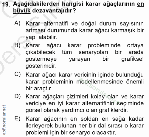 19. soru: Aşağıdakilerden hangisi karar ağaçlarının en büyük dezavantajıdır? A) Karar alternatifi ve doğal durum sayısının artm…