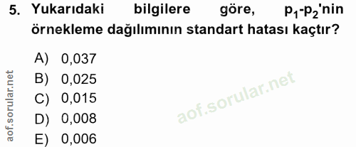 5. soru: Yukarıdaki bilgilere göre, P1-Pz nin örnekleme dağılımının standart hatası kaçtır? A) 0,037 B) 0,025 C) 0,015 D) 0,00…