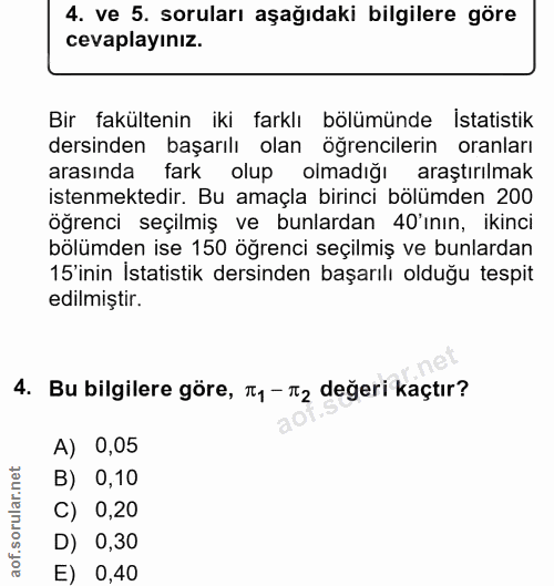 4. soru: ve 5. soruları aşağıdaki bilgilere göre cevaplayınız. Bir fakültenin iki farklı bölümünde Istatistik dersinden başarı…