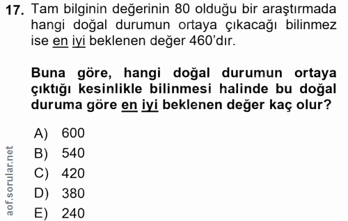 17. soru: Tam bilginin değerinin 80 olduğu bir araştırmada hangi doğal durumun ortaya çıkacağı bilinmez ise en iyi beklenen değ…