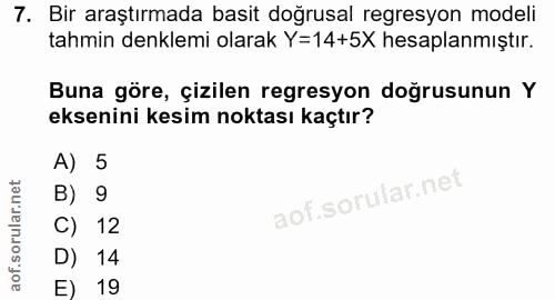 7. soru: Bir araştırmada basit doğrusal regresyon modeli tahmin denklemi olarak Y=14+5X hesaplanmıştır. Buna göre, çizilen reg…