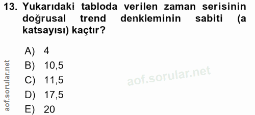 13. soru: Yukarıdaki tabloda verilen zaman serisinin doğrusal trend denkleminin sabiti (a katsayısı) kaçtır? A) 4 B) 10,5 C) 11…