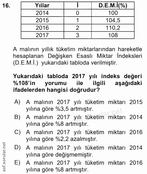 16. soru: Yıllar D.E.M.i(%) 2014 100 2015 1 104,5 2016 110,2 2017 108 A malının yıllık tüketim miktarlarından hareketle hesapla…
