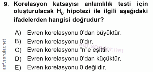 9. soru: Korelasyon katsayısı anlamlılık testi için oluşturulacak Ho hipotezi ile ilgili aşağıdaki ifadelerden hangisi doğrudu…