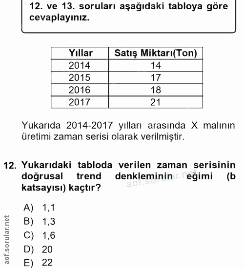 12. soru: ve 13. soruları aşağıdaki tabloya göre cevaplayınız. Yıllar Satış Miktarı(Ton) 2014 14 2015 17 2016 18 2017 21 Yukarı…