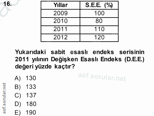 16. soru: Yillar S.E.E. (%) 2009 100 2010 80 2011 110 2012 120 Yukarıdaki sabit esaslı endeks serisinin 2011 yılının Değişken E…