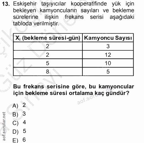13. soru: Eskişehir taşıyıcılar kooperatifinde yük için bekleyen kamyoncuların sayıları ve bekleme sürelerine ilişkin frekans s…