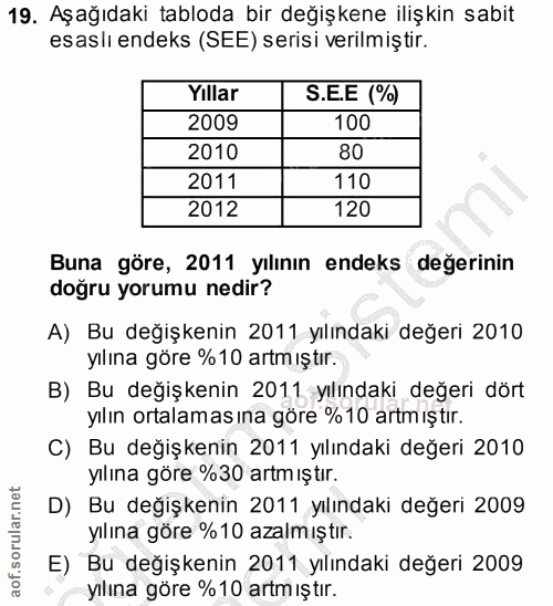 19. soru: Aşağıdaki tabloda bir değişkene ilişkin sabit esaslı endeks (SEE) serisi verilmiştir. Yıllar S.E.E (%) 2009 100 2010…