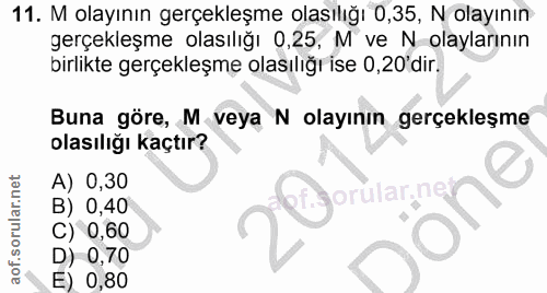 11. soru: M olayının gerçekleşme olasılığı 0,35, N olayının gerçekleşme olasılığı 0,25, M ve N olaylarının birlikte gerçekleşme…