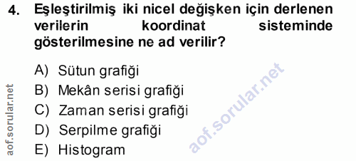 4. soru: Eşleştirilmiş iki nicel değişken için derlenen verilerin koordinat sisteminde gösterilmesine ne ad verilir? A) Sütun…