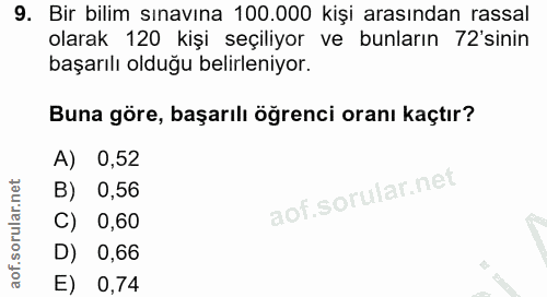 9. soru: Bir bilim sınavına 100.000 kişi arasından rassal olarak 120 kişi seçiliyor ve bunların 72'sinin başarılı olduğu belir…
