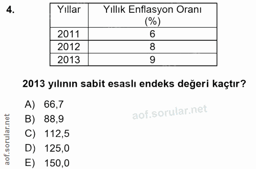 4. soru: Yıllar Yıllık Enflasyon Oranı 2011 6 2012 8 2013 9 2013 yılının sabit esaslı endeks değeri kaçtır? A) 66,7 B) 88,9 C)…