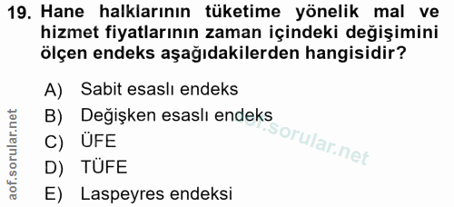 19. soru: Hane halklarının tüketime yönelik mal ve hizmet fiyatlarının zaman içindeki değişimini ölçen endeks aşağıdakilerden h…