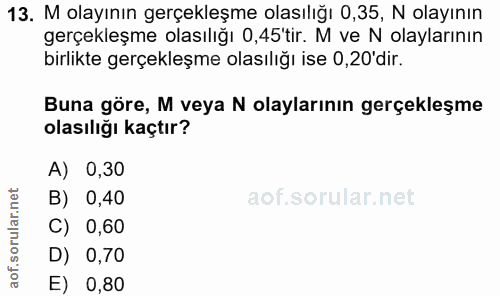 13. soru: M olayının gerçekleşme olasılığı 0,35, N olayının gerçekleşme olasılığı 0,45 tir. M ve N olaylarının birlikte gerçekl…
