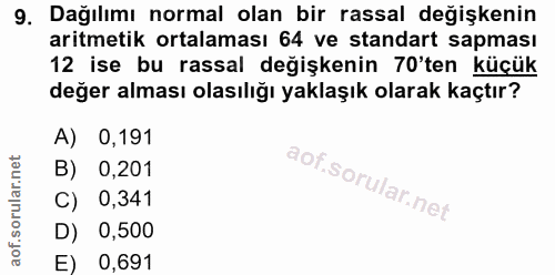 9. soru: Dağılımı normal olan bir rassal değişkenin aritmetik ortalaması 64 ve standart sapması 12 ise bu rassal değişkenin 70…