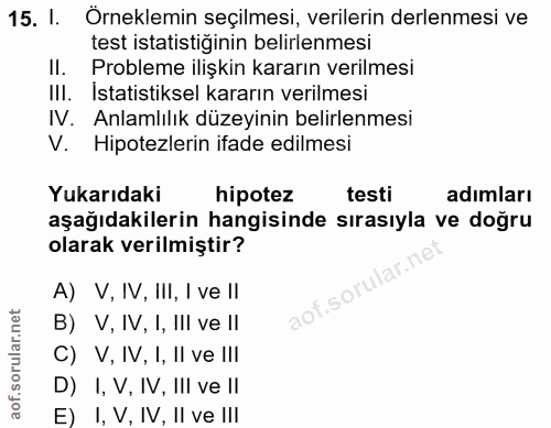 15. soru: I. Orneklemin seçilmesi, verilerin derlenmesi ve test istatistiğinin belirlenmesi II. Probleme ilişkin kararın verilm…
