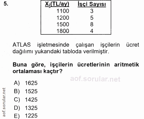 5. soru: Xị(TL/ay) İsçi Sayısı 1100 3 1200 1500 8 1800 4 ATLAS işletmesinde çalışan işçilerin ücret dağılımı yukarıdaki tablod…