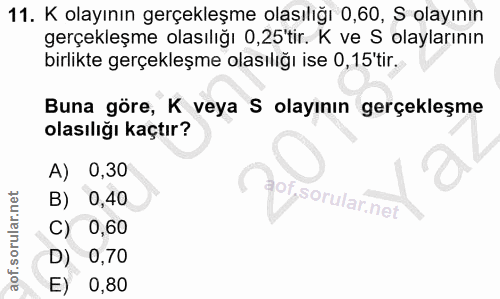 11. soru: K olayının gerçekleşme olasılığı 0,60, S olayının gerçekleşme olasılığı 0,25'tir. K ve S olaylarının birlikte gerçekl…