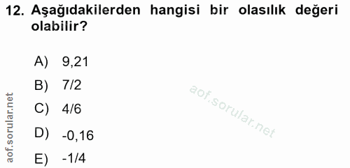 12. soru: Aşağıdakilerden hangisi bir olasılık değeri olabilir? A) 9,21 B) 7/2 rular.net C) 4/6 D) -0,16 aof. E) -1/4