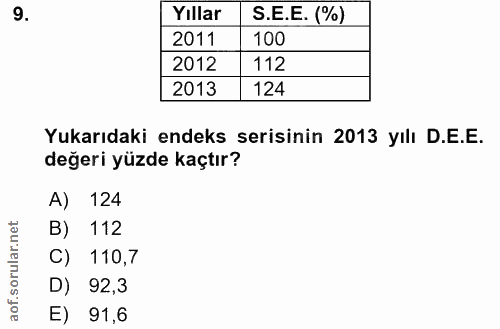 9. soru: Yıllar S.E.E. (%) 2011 100 2012 112 2013 124 Yukarıdaki endeks serisinin 2013 yılı D.E.E. değeri yüzde kaçtır? A) 124…