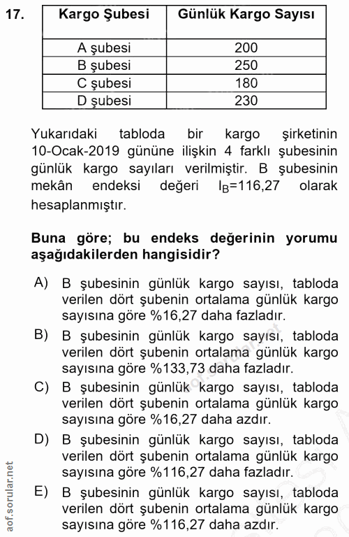17. soru: Kargo Şubesi Günlük Kargo Sayısı A şubesi 200 B şubesi 250 C şubesi 180 D șubesi 230 Yukarıdaki tabloda bir kargo şir…