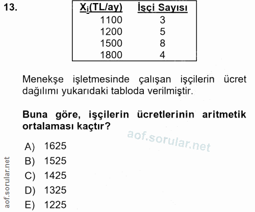 13. soru: Xị(TL/ay) İsçi Sayısı 1100 3 1200 5 1500 8 1800 4 Menekşe işletmesinde çalışan işçilerin ücret dağılımı yukarıdaki ta…