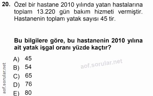 20. soru: Özel bir hastane 2010 yılında yatan hastalarına toplam 13.220 gün bakım hizmeti vermiştir. Hastanenin toplam yatak sa…