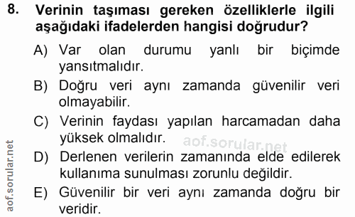 8. soru: Verinin taşıması gereken özelliklerle ilgili aşağıdaki ifadelerden hangisi doğrudur? A) Var olan durumu yanlı bir biç…