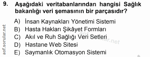9. soru: Aşağıdaki veritabanlarından hangisi Sağlık bakanlığı veri şemasının bir parçasıdır? A) İnsan Kaynakları Yönetimi Sist…