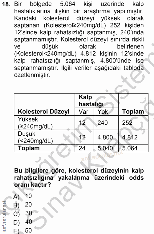 18. soru: Bir bölgede 5.064 kişi üzerinde kalp hastalıklarına ilişkin bir araştırma yapılmıştır. Kandaki kolesterol düzeyi yüks…