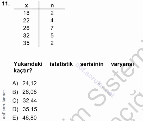 11. soru: n 18 2 22 26 32 35 2 Yukarıdaki istatistik serisinin varyansı kaçtır? A) 24,12 B) 26,06 C) 32,44 C D) 35,15 E) 46,80