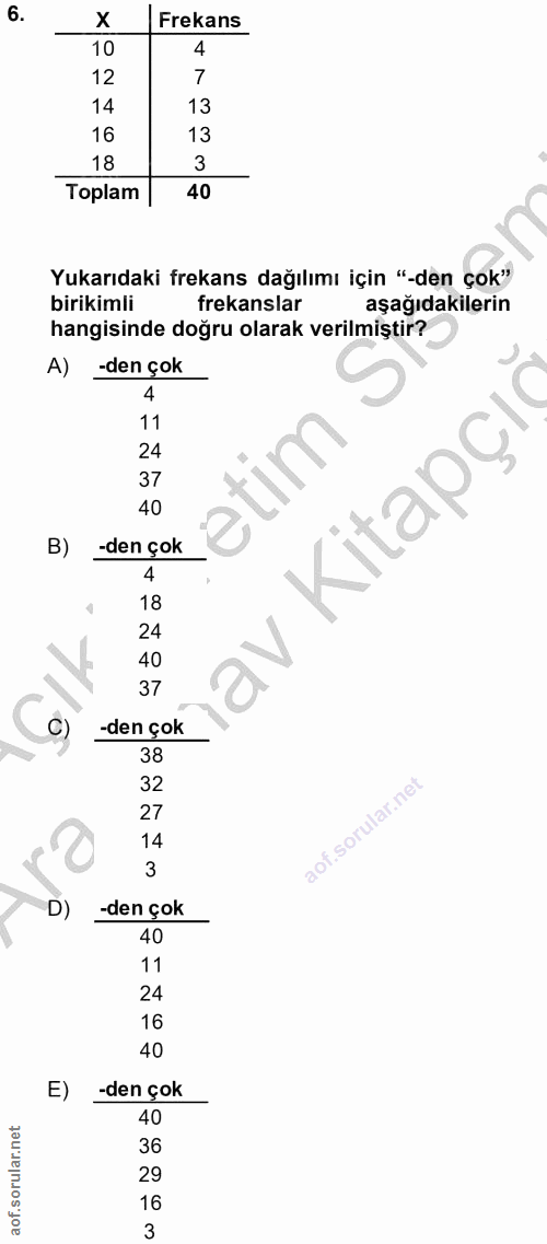 6. soru: X Frekans 10 4 12 7 14 13 16 13 18 3 Toplam 40 Yukarıdaki frekans dağılımı için "-den çok" birikimli frekanslar aşağı…