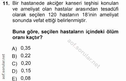 11. soru: Bir hastanede akciğer kanseri teşhisi konulan ve ameliyat olan hastalar arasından tesadüfi olarak seçilen 120 hastanı…