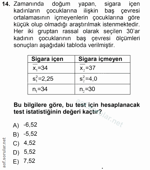 14. soru: Zamanında doğum yapan, sigara içen kadınların çocuklarına ilişkin baş çevresi ortalamasının içmeyenlerın çocuklarına…