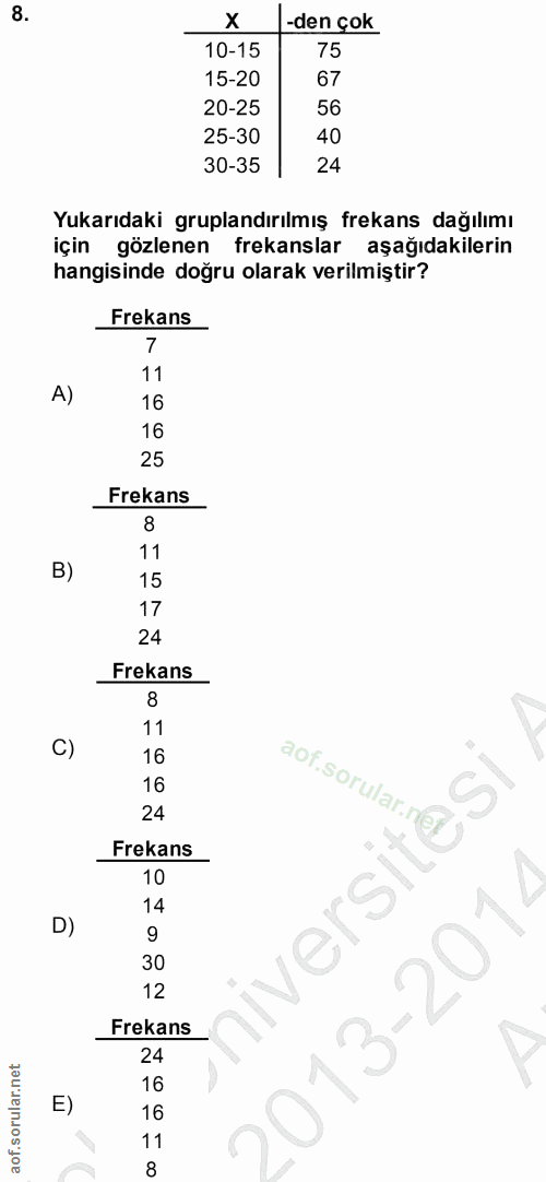 8. soru: -den çok 10-15 75 15-20 67 20-25 56 25-30 40 30-35 24 Yukarıdaki gruplandırılmış frekans dağılımı için gözlenen freka…