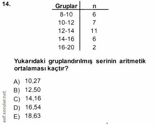 14. soru: Gruplar n 8-10 6 10-12 7 12-14 14-16 6 16-20 2 Yukarıdaki gruplandırılmış serinin aritmetik ortalaması kaçtır? A) 10,…