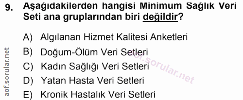 9. soru: Aşağıdakilerden hangisi Minimum Sağlık Veri Seti ana gruplarından biri değildir? A) Algılanan Hizmet Kalitesi Anketle…