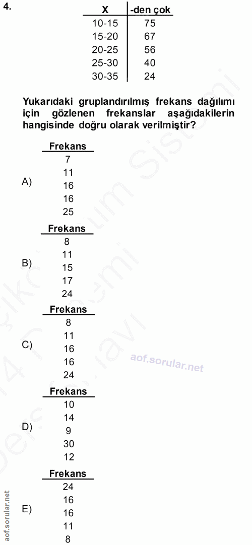 4. soru: -den çok 10-15 75 15-20 67 20-25 56 25-30 40 30-35 24 Yukarıdaki gruplandırılmış frekans dağılımı için gözlenen freka…