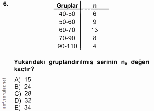 6. soru: Gruplar n 40-50 50-60 9 60-70 13 70-90 8 90-110 4 Yukarıdaki gruplandırılmış serinin na değeri kaçtır? A) 15 B) 24 C)…