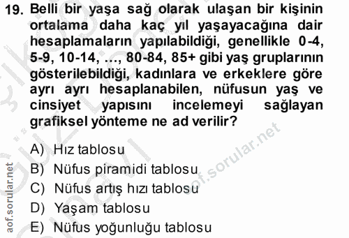 19. soru: Belli bir yaşa sağ olarak ulaşan bir kişinin ortalama daha kaç yıl yaşayacağına dair hesaplamaların yapılabildiği, ge…