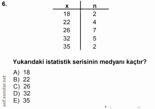 6. soru: X n 18 2 22 26 32 5 35 2 Yukarıdaki istatistik serisinin medyanı kaçtır? A) 18 B) 22 C) 26 D) 32 E) 35