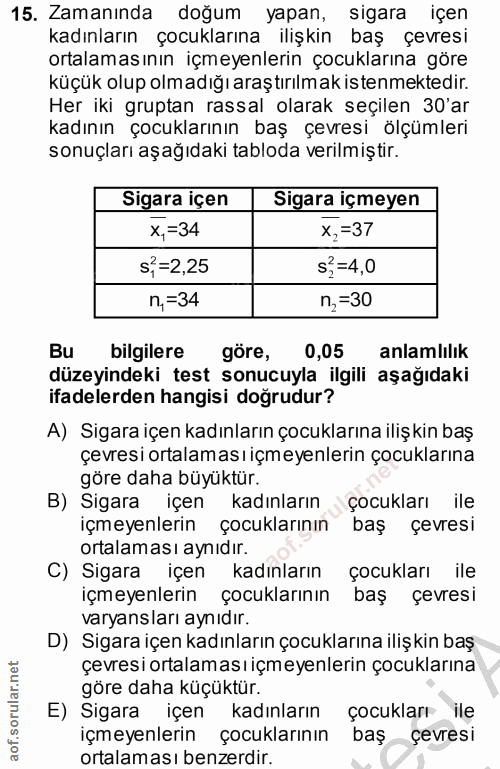 15. soru: Zamanında doğum yapan, sigara içen kadınların çocuklarına ilişkin baş çevresi ortalamasının içmeyenlerin çocuklarına…
