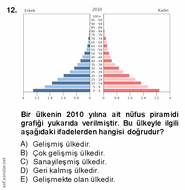 12. soru: Erkek 2010 Kadın 100+ 95 - 99 90 94 85 80 14 3.2 2.4 1.6 0.8 0.8 1.6 2.4 3.2 Bir ülkenin 2010 yılına ait nüfus pirami…