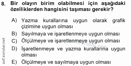 8. soru: Bir olayın birim olabilmesi için aşağıdaki özelliklerden hangisini taşıması gerekir? A) Yazma kurallarına uygun olara…