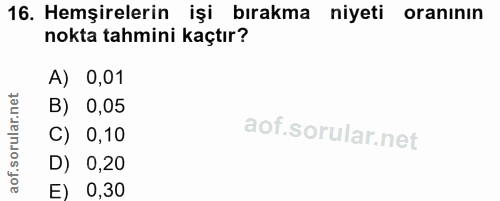 16. soru: Hemşirelerin işi bırakma niyeti oranının nokta tahmini kaçtır? A) 0,01 B) 0,05 C) 0,10 D) 0,20 E) 0,30