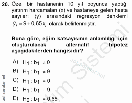 20. soru: Özel bir hastanenin 10 yıl boyunca yaptığı yatırım harcamaları (x) ve hastaneye gelen hasta sayıları (y) arasındaki r…